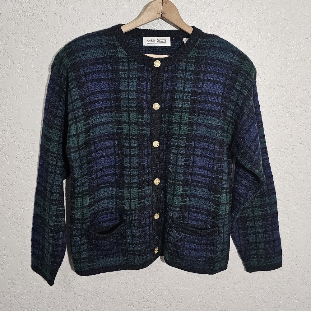 Vintage Karen Scott Wool Blend Plaid Button Down Cardigan